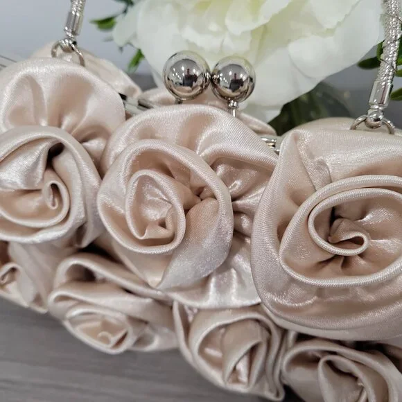 Elegant Latte Satin Roses Wedding Party Clutch Purse w/Rhinestone Handle & Chain - Picture 3 of 7